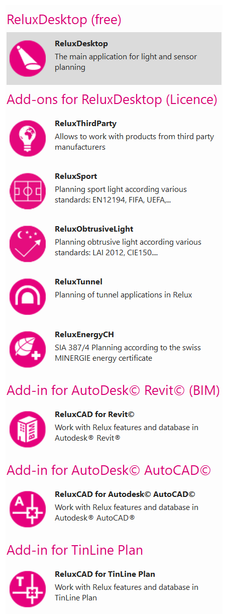 Overview infographic of the RELUX product family, showcasing the free ReluxDesktop core application alongside paid add-ons like ReluxSport, ReluxTunnel, and BIM add-ins for Autodesk Revit and AutoCAD.