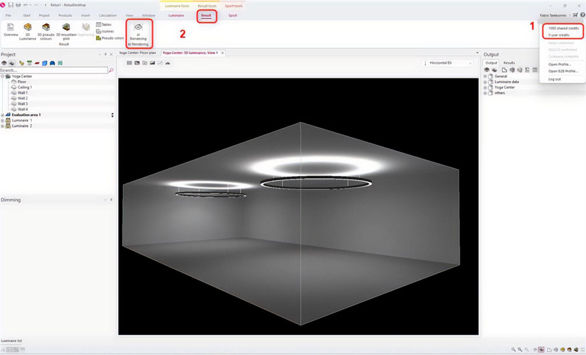 Der Screenshot hebt den Arbeitsablauf für das KI-Rendering in RELUXDesktop hervor. Benutzer überprüfen zunächst ihre verfügbaren KI-Rendering-Credits, bevor sie „KI-Rendering“ im Menüband „Ergebnis“ auswählen. Die Funktion erzeugt realistische Innenraum-Visualisierungen direkt aus dem berechneten Lichtmodell. Dies ermöglicht es Planern, schnell Bilder in Präsentationsqualität zu erstellen, ohne eine Rendering-Szene manuell in einer externen Software aufbauen zu müssen.