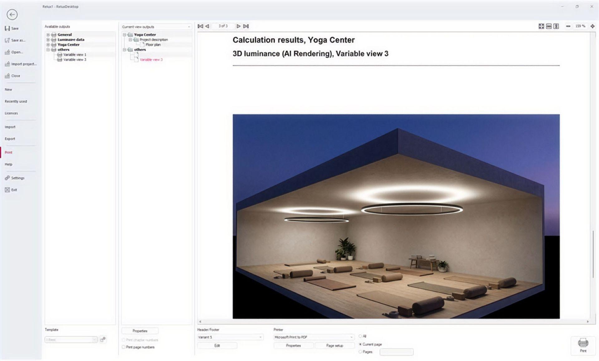 Dieser Screenshot zeigt die Druckvorschau-Benutzeroberfläche von RELUXDesktop nach der Erstellung eines KI-Renderings. Die gerenderte Visualisierung ist direkt in den Berechnungsbericht integriert und kann zusammen mit den Standard-Beleuchtungsergebnissen und der Projektdokumentation ausgegeben werden. Benutzer können Berichtabschnitte auswählen, Vorlagen konfigurieren, das endgültige Dokument in der Vorschau anzeigen sowie professionelle Berichte drucken oder exportieren, die sowohl die technischen Lichtberechnungen als auch die hochwertigen KI-generierten Visualisierungen enthalten.