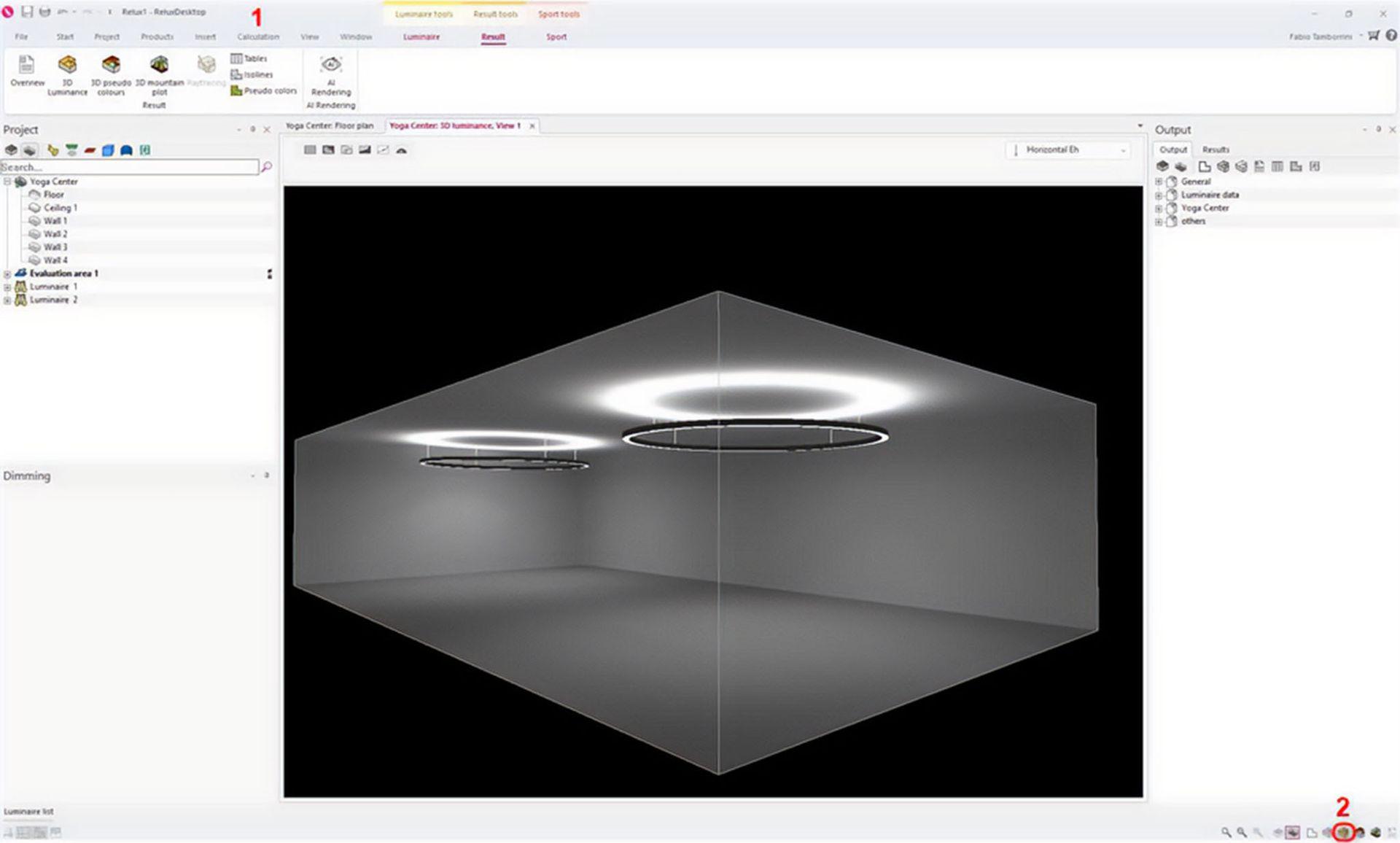 Dieser Screenshot zeigt eine abgeschlossene Lichtberechnung in der 3D-Leuchtdichteverteilung von RELUXDesktop. Nach der Berechnung des Projekts können Benutzer die Registerkarte „Ergebnis“ öffnen und die KI-Rendering-Funktion starten. Die hervorgehobenen Bedienelemente zeigen, wo auf die Rendering-Funktion und das Menü für KI-Rendering-Credits zugegriffen werden kann. Dieser Arbeitsablauf verwandelt die technische Lichtberechnung in eine realistische Visualisierung, während die berechnete Lichtverteilung beibehalten wird.