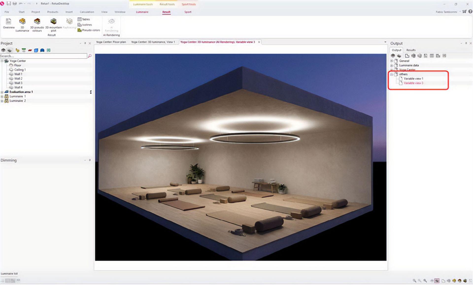 Dieser Screenshot präsentiert die fertige KI-gerenderte Visualisierung, die direkt in RELUXDesktop erstellt wurde. Die berechnete Lichtplanung wurde in ein realistisches Yoga-Studio mit detaillierten Materialien, Möbeln, dekorativen Elementen und stimmungsvoller Beleuchtung verwandelt. Das generierte Rendering erscheint als neue Ausgabe im Projektbaum, sodass Benutzer mehrere KI-generierte Ansichten vergleichen können, während die ursprünglichen Ergebnisse der Lichtberechnung beibehalten werden.