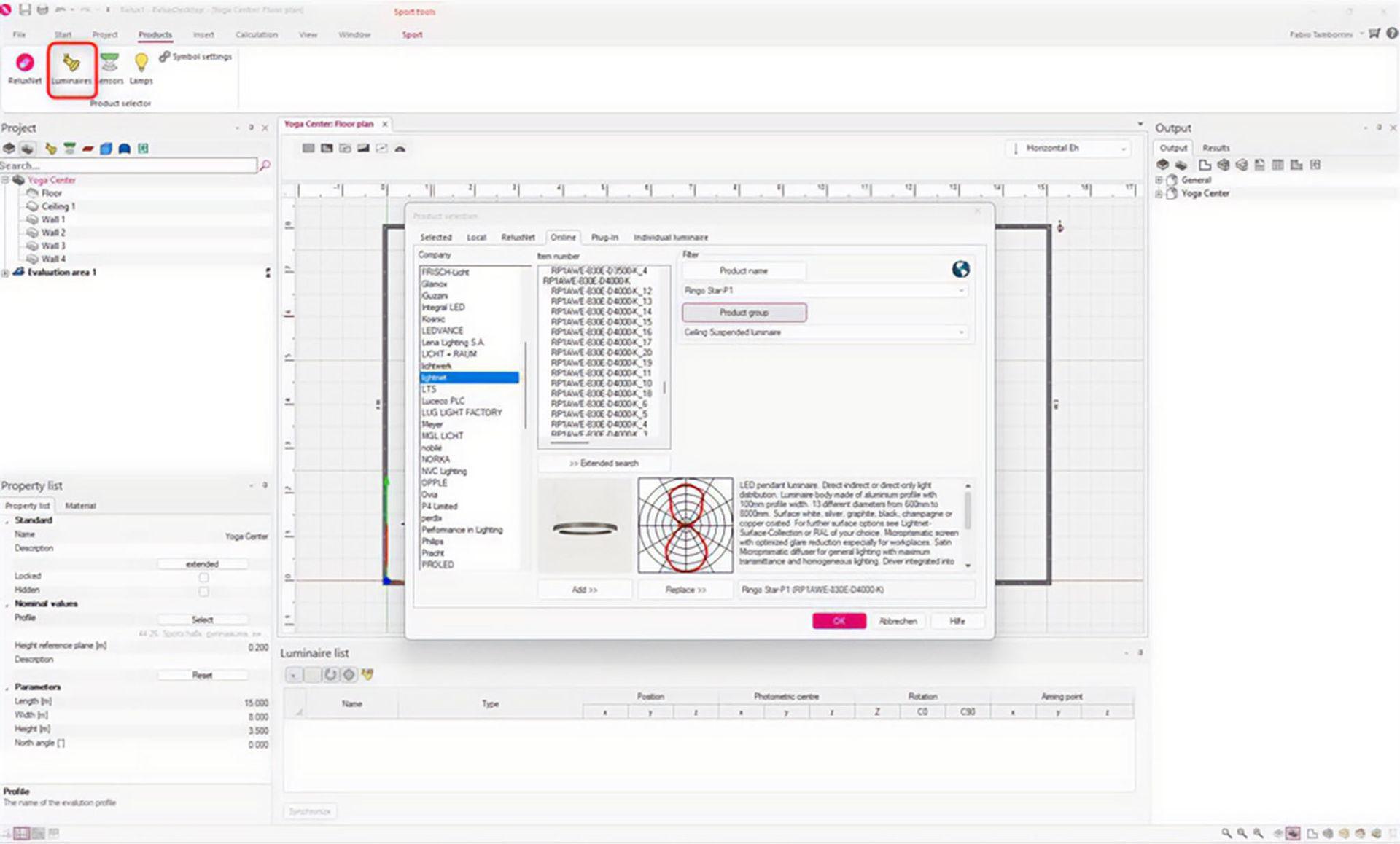 Dieser Screenshot zeigt das Fenster zur Leuchtenauswahl in ReluxDesktop. Benutzer können Hersteller durchsuchen, nach Leuchten suchen, Produkte nach Name oder Produktgruppe filtern und technische Informationen überprüfen, bevor sie eine Leuchte in das Projekt einfügen. Das Beispiel zeigt eine ringförmige Pendelleuchte, die für ein Yoga-Zentrum ausgewählt wurde. Das Dialogfenster enthält Produktbilder, fotometrische Vorschauen, technische Spezifikationen und Filterwerkzeuge, die Lichtplanern helfen, geeignete Leuchten für professionelle Lichtberechnungen auszuwählen.