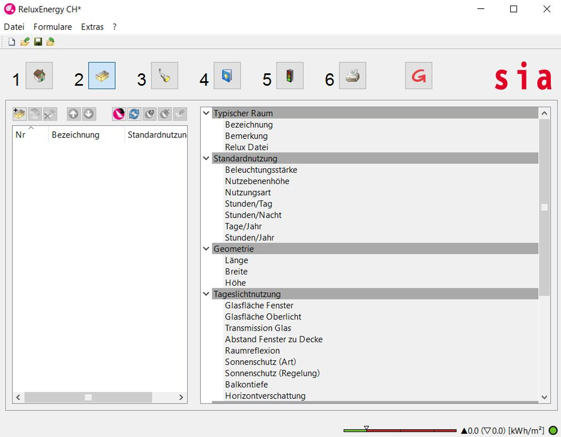 ReluxEnergy CH room definition and operational profiles mask Screenshot of the ReluxEnergy CH application with the second main toolbar button active, showcasing the expandable properties menu for room configurations, standard profiles, geometry parameters, and daylight utilization settings.