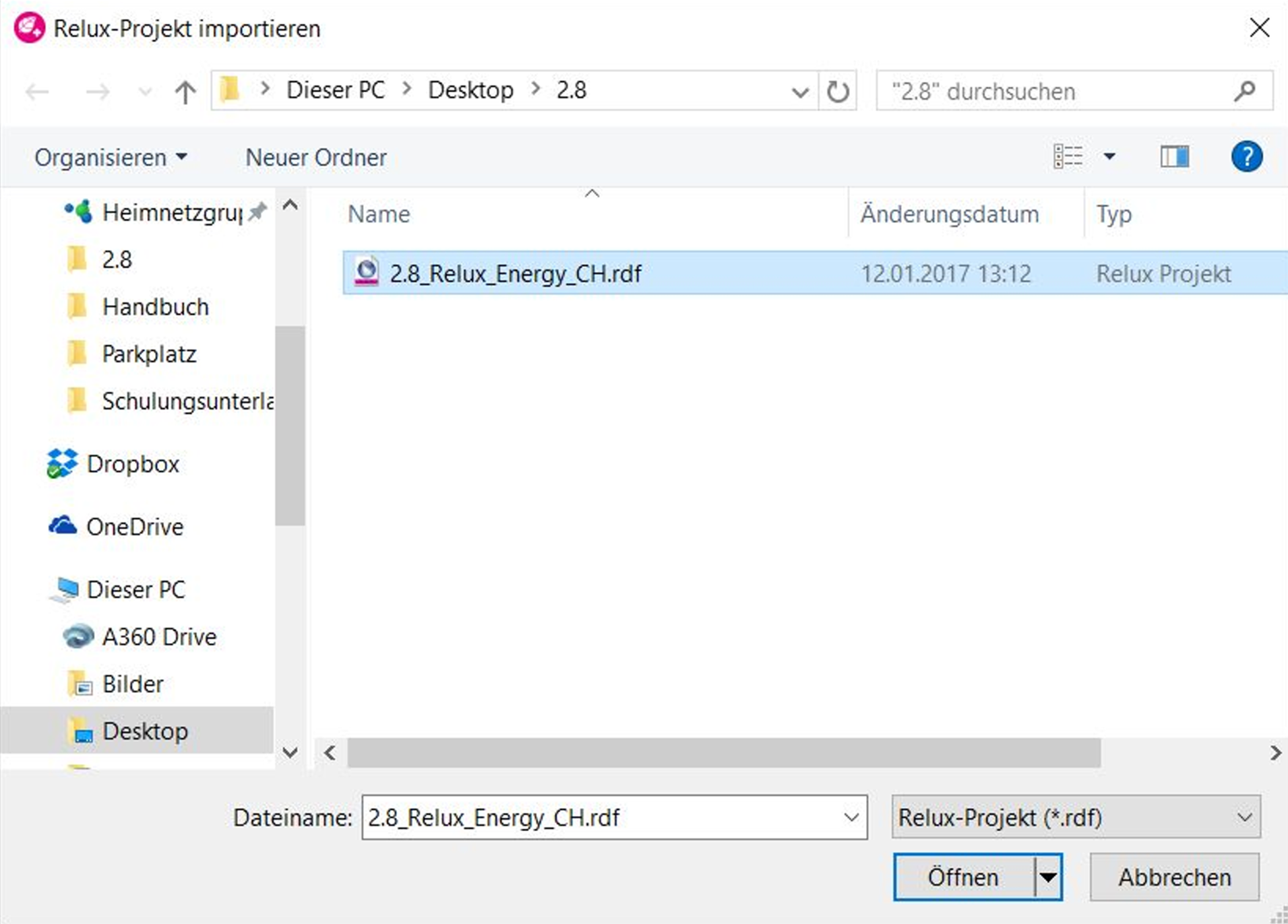 Selecting a Relux project file (.rdf) to import into ReluxEnergy CH Windows file explorer pop-up window titled "Relux-Projekt importieren" with a .rdf project file highlighted and selected, ready to be opened.
