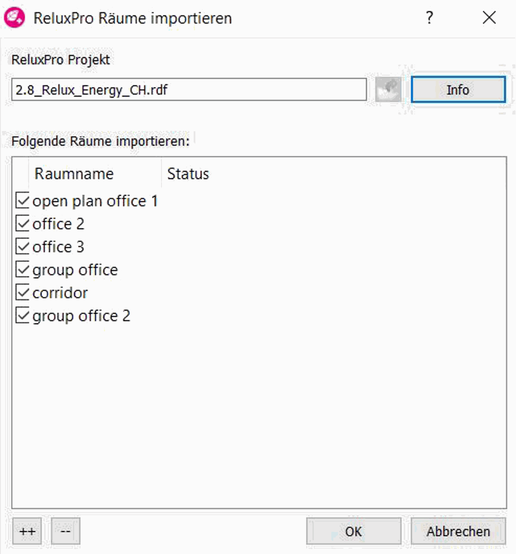 Selecting specific calculated rooms to transfer into ReluxEnergy CH Dialog modal pop-up window titled "ReluxPro Räume importieren" displaying a checklist of calculated room names including open plan office, corridor, and group offices with all checkmarks activated.