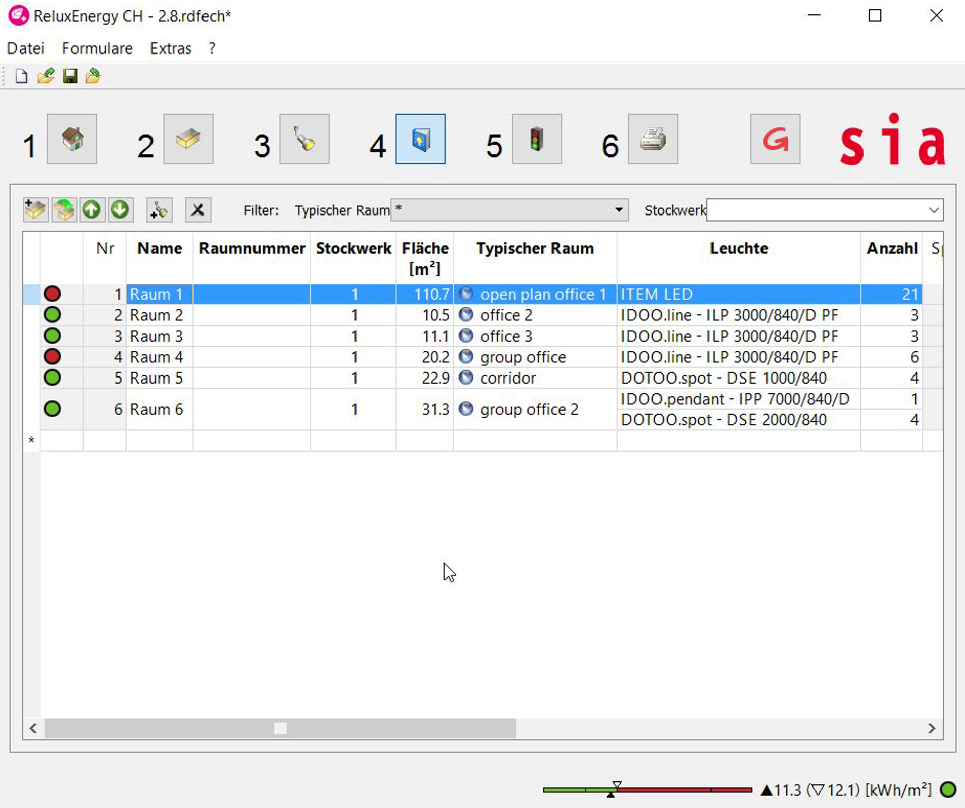 ReluxEnergy CH building rooms overview and evaluation status matrix Full application screenshot of ReluxEnergy CH with the fourth toolbar button active, showcasing a spreadsheet layout of six rooms with parameters like surface area, typical room profile (e.g., open plan office, corridor), fixture names (such as ITEM LED), and red or green evaluation status lights.