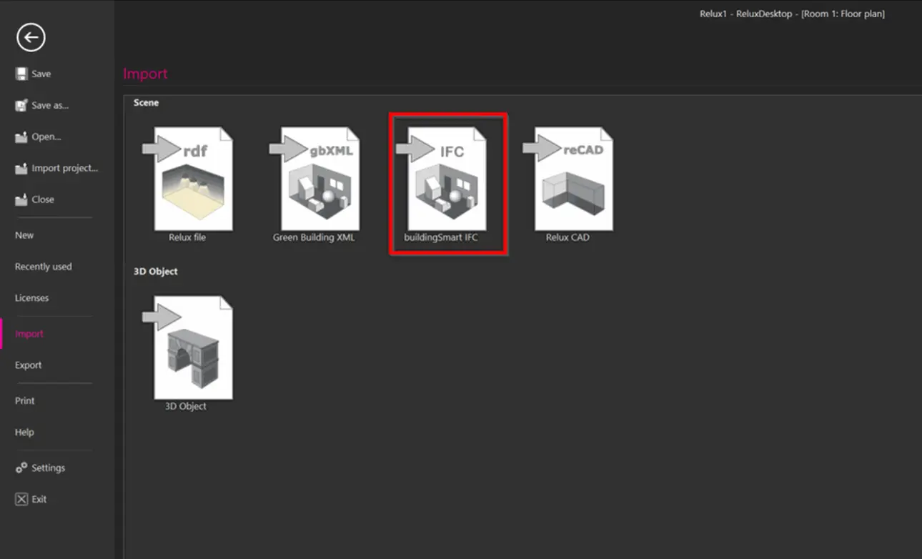 Screenshot des dunklen ReluxDesktop-Backstage-Importpanels mit Kacheln für die Dateiformate rdf, gbXML, reCAD sowie einer roten Markierung auf dem Auswahl-Icon für „buildingSmart IFC“.
