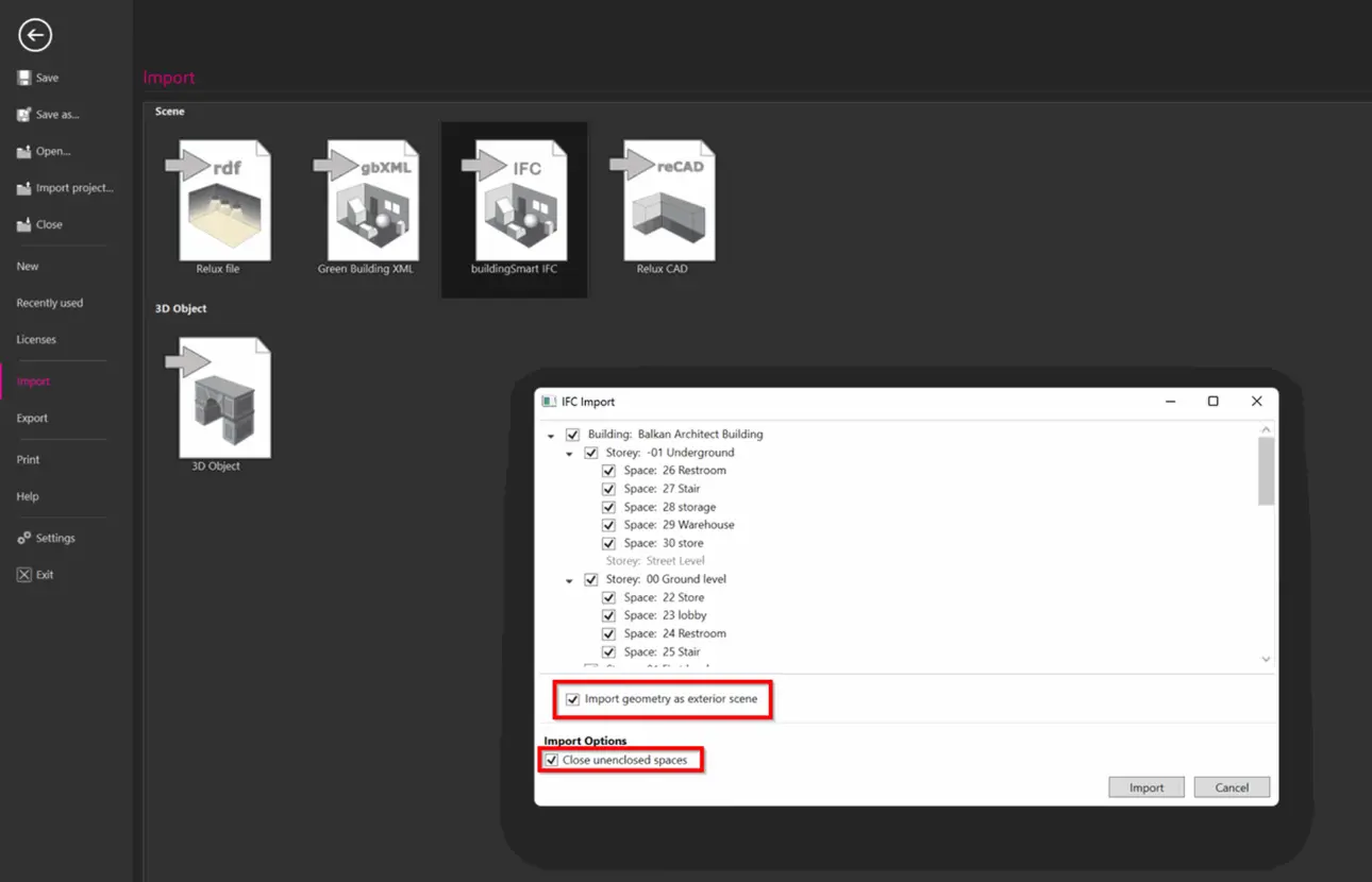 Das Einstellungsfenster für den IFC-Import als Overlay in ReluxDesktop, das einen Auswahlbaum für Stockwerke sowie zwei rote Markierungsrahmen um die Optionen „Import geometry as exterior scene“ und „Close unenclosed spaces“ zeigt.