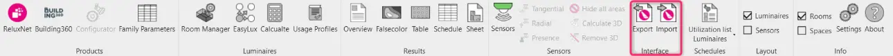 Detailansicht der hellgrauen ReluxCAD for Revit-Menüleiste mit einer pinkfarbenen Markierung des Funktionsblocks „Interface“, der die beiden Richtungspfeil-Symbole für den direkten Daten-Export und -Import enthält.