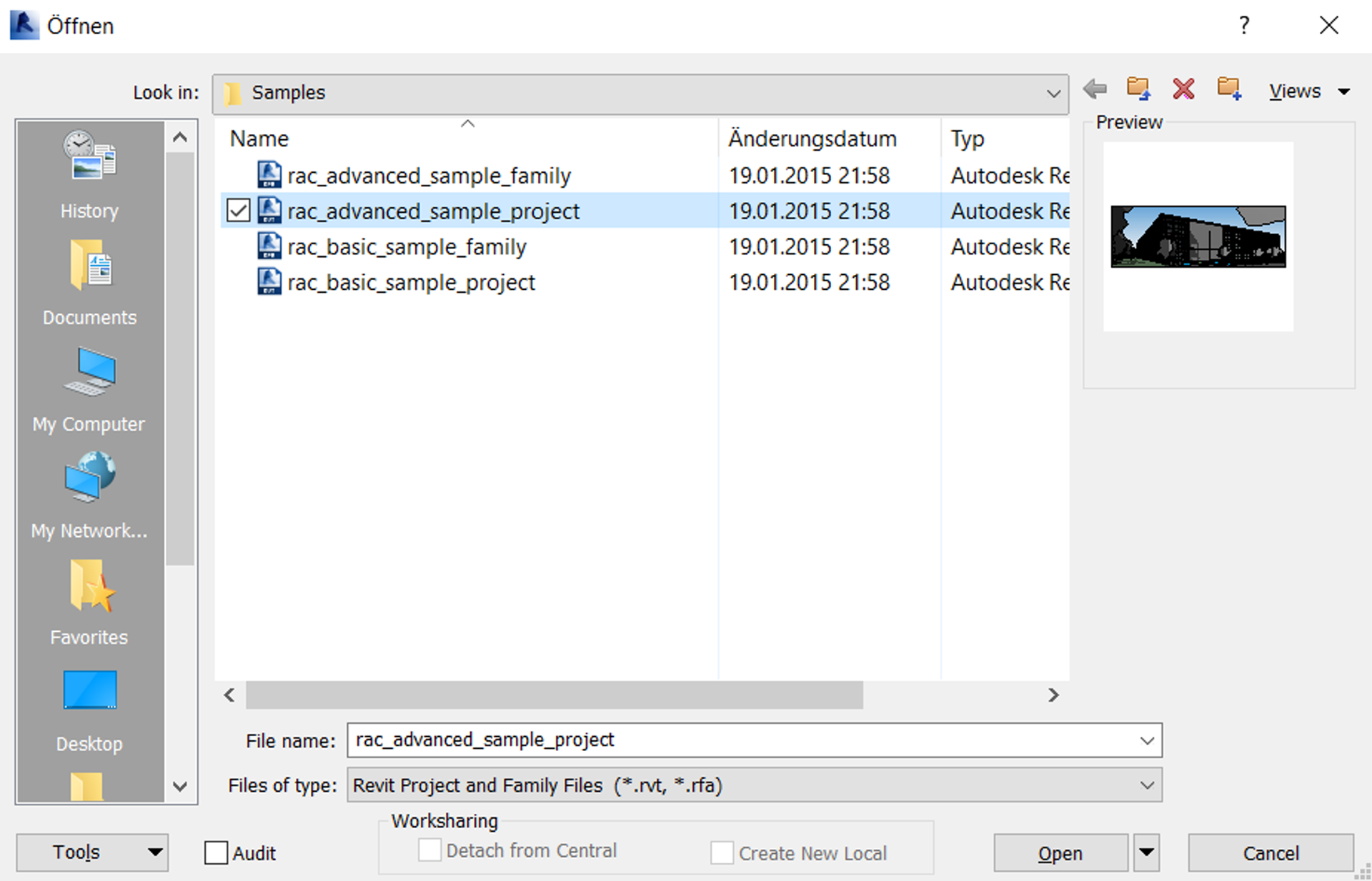 Selecting a Revit project file (.rvt) inside the file explorer dialog box Screenshot of the German-localized Autodesk Revit file dialog window titled "Öffnen", showing a list of sample files inside the Samples folder with the "rac_advanced_sample_project" file selected and a small architectural building rendering displayed in the preview pane on the right.