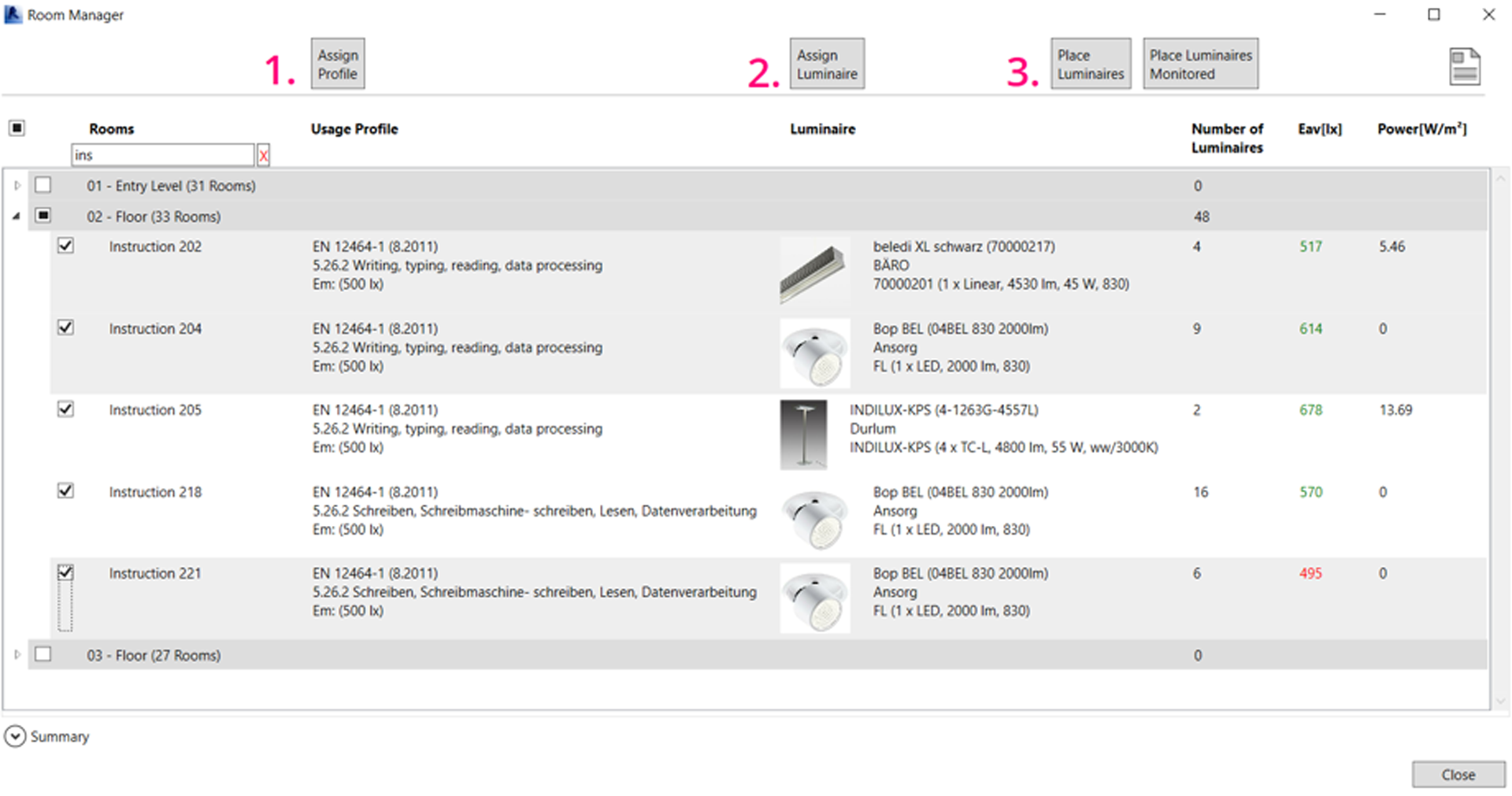 Screenshot of the comprehensive Room Manager wizard window featuring a list of multi-storey instruction spaces alongside explicit red numbers marking the Assign Profile (1), Assign Luminaire (2), and Place Luminaires (3) workflow execution links.
