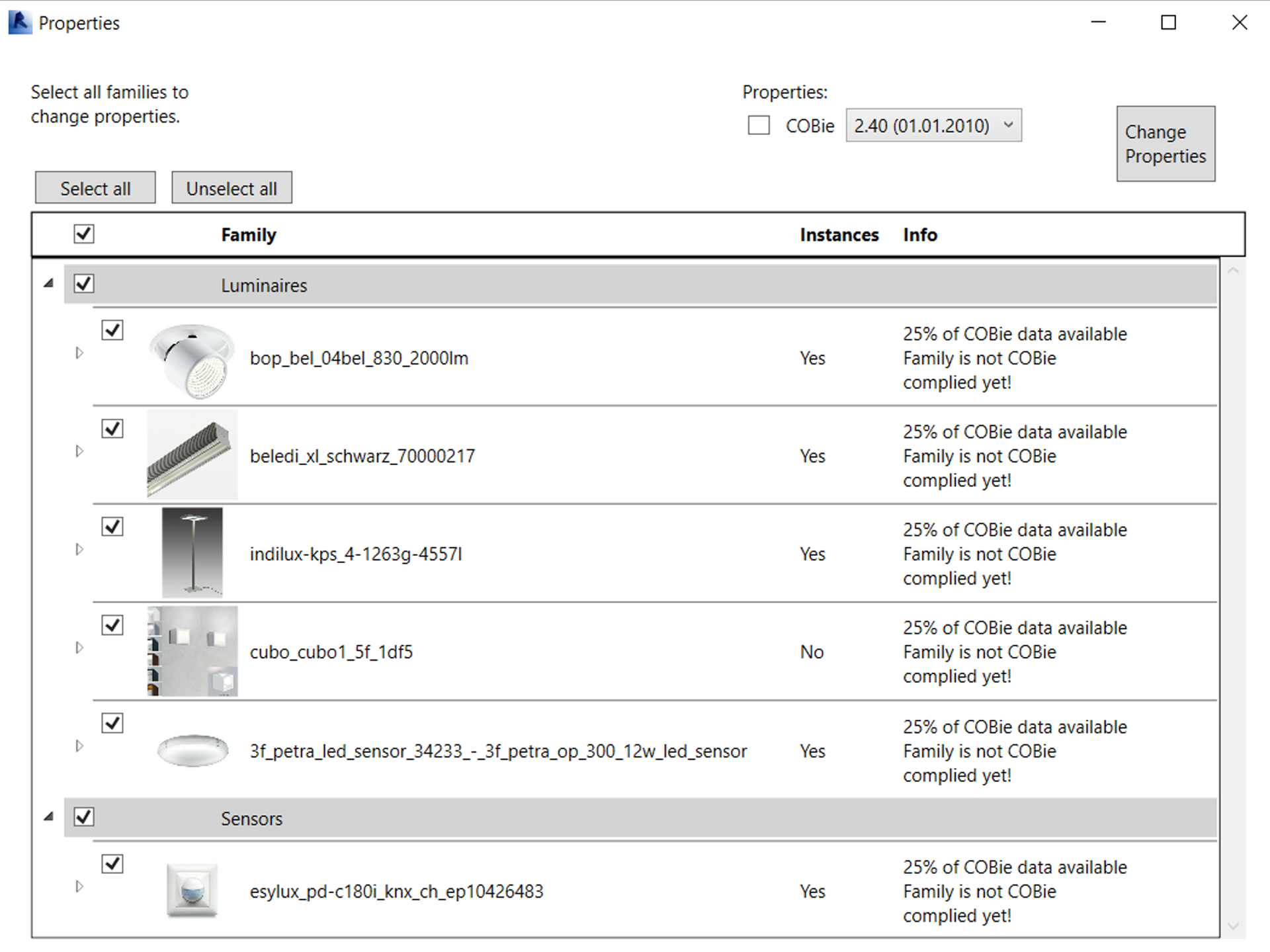 Screenshot of the Properties configuration window wizard, displaying checkmark list trees for active luminaire and sensor families alongside corresponding data percentage counters for COBie standards.