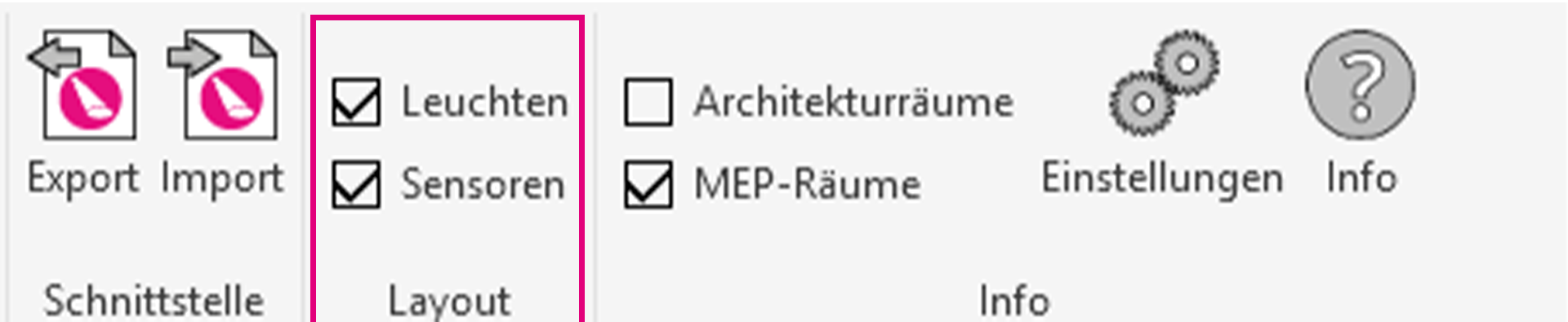 Using Layout filter checkboxes to control element visibility inside the ReluxCAD for Revit ribbon bar Close-up screenshot of the light-grey ReluxCAD for Revit ribbon bar menu, highlighting the "Layout" block inside a pink box containing two checked checkboxes for Leuchten and Sensoren.