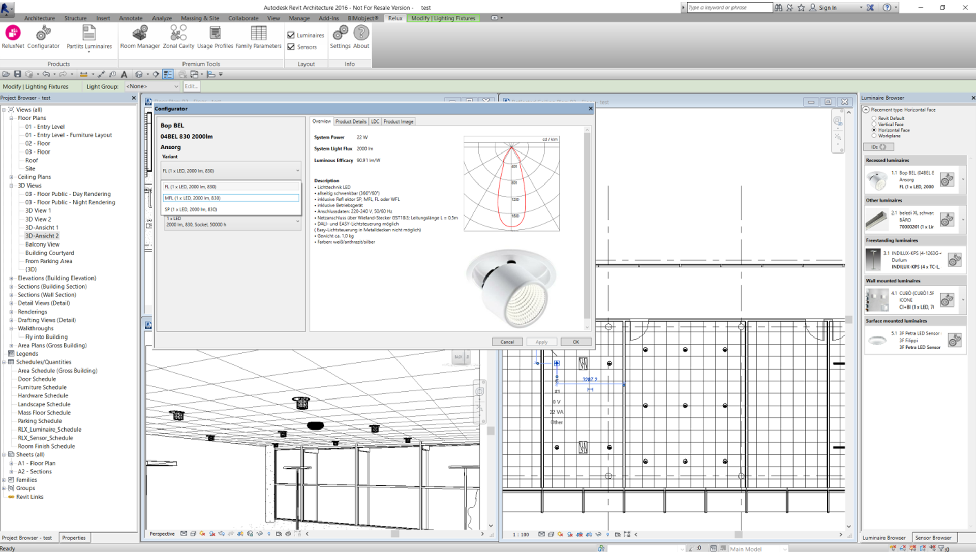 Im Dialog „Product Configurator“ können Sie Einträge der Lichtausbeute-Matrix prüfen, LVK-Kurven anzeigen und verschiedene Varianten einer Produktfamilie direkt in Ihrem BIM-Projekt auswählen. Screenshot des geöffneten ReluxCAD for Revit Fensters „Product Configurator“, das technische Datenblätter, LVK-Kurven und Variantenkonfigurationen innerhalb einer Autodesk Revit Arbeitsumgebung mit mehreren Ansichten zeigt.