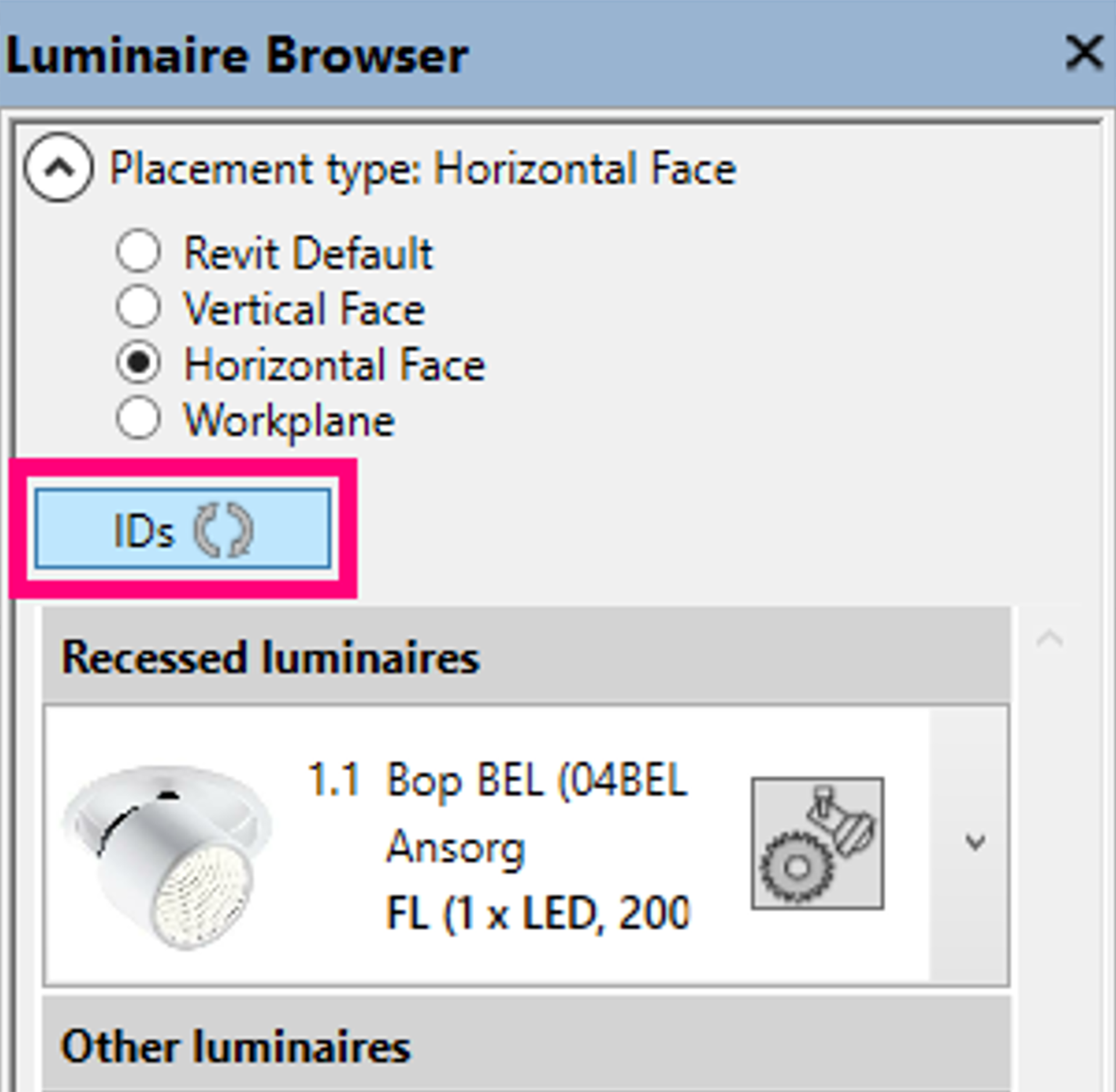 Verwenden Sie die hervorgehobene Schaltfläche „IDs“ im angedockten Fenster „Luminaire Browser“, um technische Katalogkomponenten zuzuordnen. Nahaufnahme der nativen Revit-Seitenleiste „Luminaire Browser“ mit einem pink hervorgehobenen Bereich um die interaktive „IDs“-Synchronisierungsschaltfläche unterhalb der Auswahloptionen für die horizontale Flächenplatzierung.